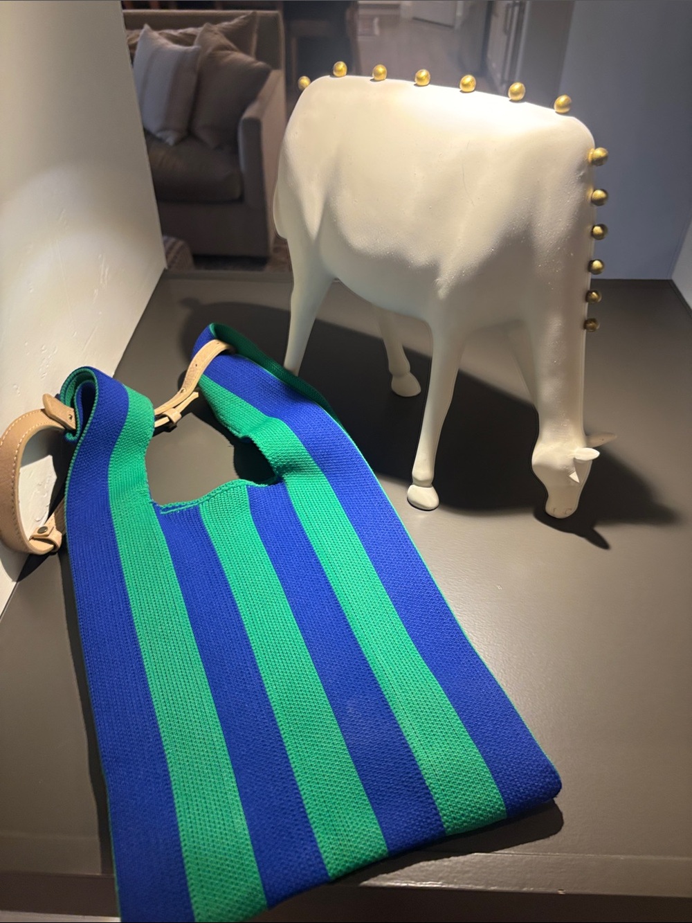 Blue and Green Striped Knit Tote with Tan Leather Strap